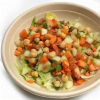 Katchumber Salad · Diced cucumber, carrots, tomato, chickpeas, cilantro, lemon vinegarette.