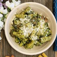 Tuscan Pesto Pasta · Chef choice Gluten Free pasta, beyond sausage, broccoli, kale pesto, vegan cheese