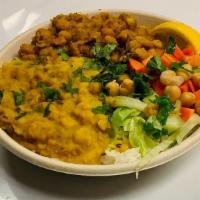 Yoga Bowl · Curried chickpeas, yellow lentil, pico, cilantro, basmati rice.