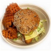 Vegan Crispy Chicken Sandwich (New) · Vegan chicken pattie, vegan potato bun,  potato fries.