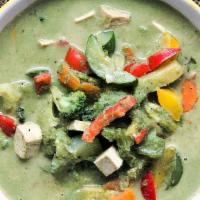 Thai Vegetable Curry (Gf) · Choice of green / red / yellow curry with organic mixed vegetable, coconut milk, steamed bas...