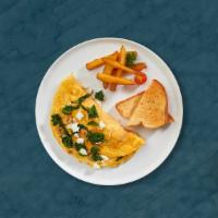 Feta Omelette Platter · Scrambled eggs, feta cheese and spinach. Served with butter toast, choice of home fries or h...