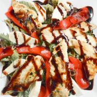 Bistro Salad · Gluten free. Mesclun greens, grilled chicken, fresh Mozzarella, roasted peppers with a balsa...