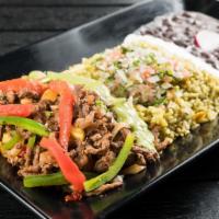 Steak Fajita Plato Santa Fe · Steak with onions, roasted red and green peppers. Served with poblano rice, black beans or s...