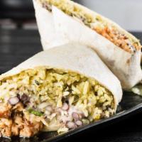Chicken Tinga Burrito · Shredded chicken chipotle with onions. Served with poblano rice, black beans, shredded Mozza...
