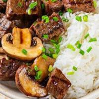 Steak & Rice Platter · Steak w/ rice, Cucumber, Onion, Tomato, & Platter Sauce