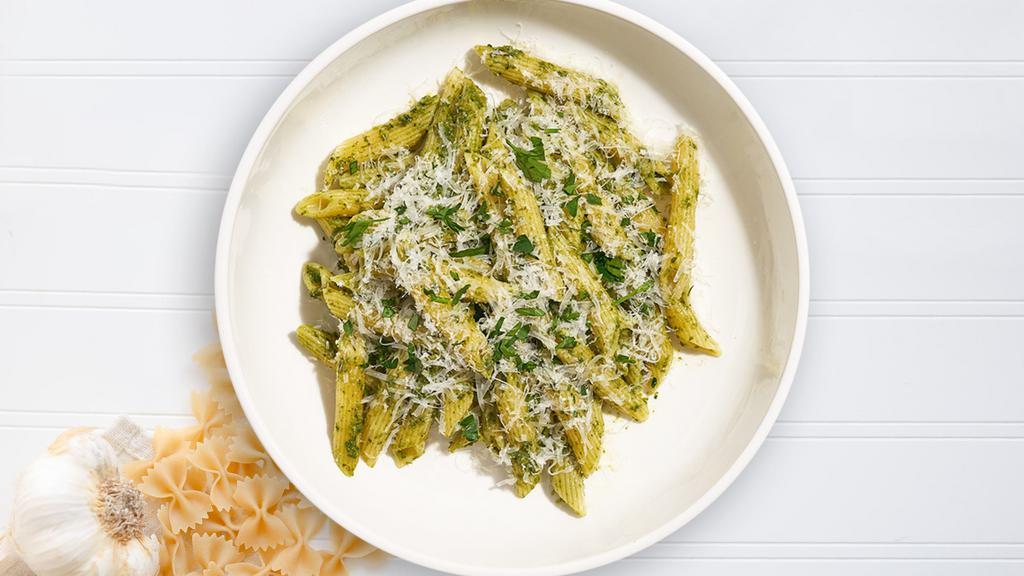 Pesto Of My Love Pasta · Fresh basil leaves, garlic, grated parmesan cooked with linguine. Served with garlic bread.