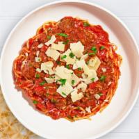 Chief Beef Bolognese Pasta · Ground beef cooked in spicy marinara sauce and served with linguine. Served with garlic bread.