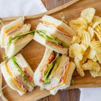 Corner Sandwich · Smoked turkey, tomato, cheddar cheese, greens, pickles, hummus spread, Texas toast bread.