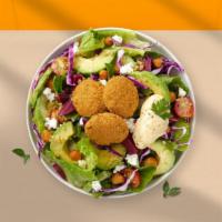 Falafel Salad · Mixed greens, avocado, tomato, red onion, cucumbers, black olives, bell peppers, and chickpe...