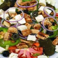 Greek Salad & Chicken · Grilled chicken layered with lettuce, feta cheese, sliced black olives, tomato and Italian d...