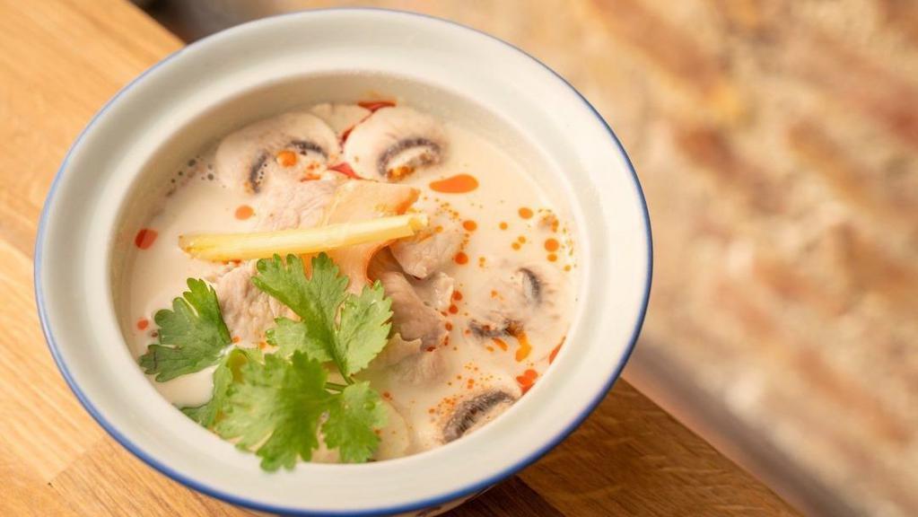 Tom Kha · Vegan, gluten free. Lemongrass, galangal, mushrooms, creamy coconut broth, scallion, cilantro all soups are vegan-friendly except if ordered without meat.