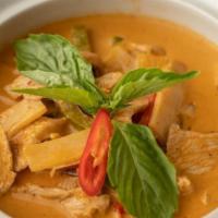 Red Curry · Gluten free. Bamboo shoots, bell peppers, basil,string bean and coconut milk served with jas...