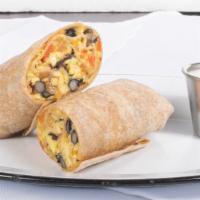 Breakfast Burrito · 2 eggs, black beans, peppers, onions, cheddar, pepper jack and avocado.