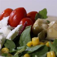 Greek Salad · Lettuce, feta cheese, corn, olives, grilled artichoke, sweet dressing.