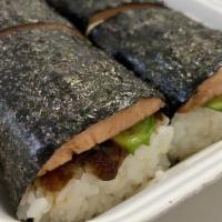 Veggie Spam Musubi With Avocado / 海苔素肉飯團 · Served with two pieces. /附兩個。