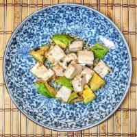Avocado Tofu / 酪梨豆腐 · Served all the meats are made of soy protein or wheat protein. / 附所有肉都是用大豆蛋白質或小麥蛋白質製成的。