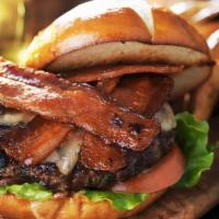 Cowboy Bbq Burger + Fries · All beef patty smothered in Cheddar Cheese, Hickory BBQ Sauce, Cherrywood smoked bacon, Cris...