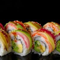 Rainbow Roll · Cornucopia of red & white tuna, salmon, yellow tail, kanikama.