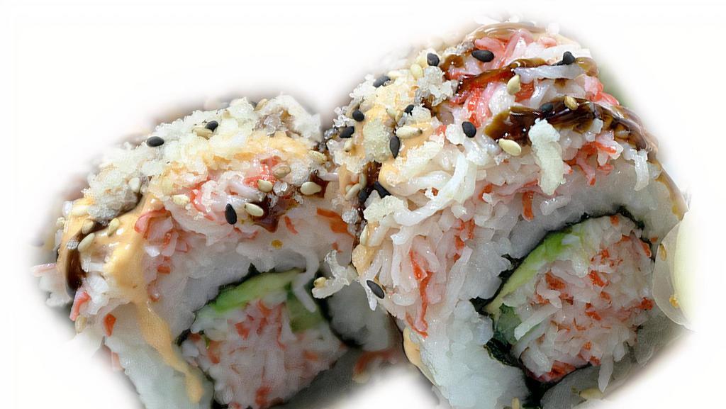 The Super California Roll · No raw fish. California roll and mango topped with extra kanikama.