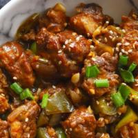 Chili Chicken + Rice · Indian-Chinese Szechuan fusion dish, diced chicken that's sweet, savory, and spicy all at on...