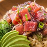 Poke Bowl · Soy and lime marinated fresh fish mixed together with choice of sauce, avocado, mango, cucum...