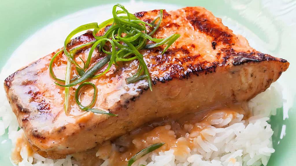 Miso Salmon · Organic fresh miso marinated salmon glazed with a miso-teriyaki sauce, served with mash & grilled veg.