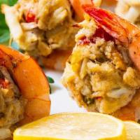 Crab Stuffed Shrimp · Jumbo tiger shrimp stuffed with a delicious buttery crab meat filling, with mash & seasonal ...
