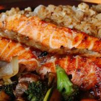 Hibachi Salmon Dinner · Full dinner portion fresh made to order, fresh organic salmon teppanyaki sauteed in a sweet ...