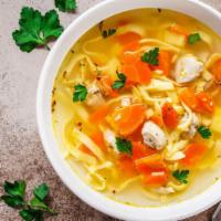 Chicken Noodle Soup · Hot & Tasty soup made with pieces of chicken, broth, noodles, and vegetables.