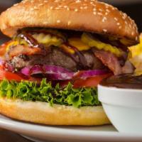Bbq Bacon Cheeseburger · Delicious Cheeseburger grilled to perfection and topped with BBQ sauce, bacon strips, lettuc...