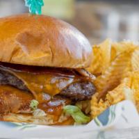 Burger Bbq · Stacked with bacon, cheddar cheese, shredded lettuce and our signature BBQ sauce.