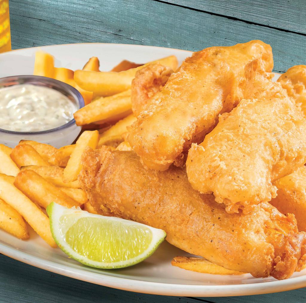 Fish And Chips · Hand-dipped in LandShark® batter, fried and 
served with jalapeño tartar sauce and 
French fries