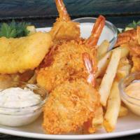 Seafood Combo  · A sampling of our LandShark® Fish & Chips,
Coconut Shrimp and Fried Shrimp served with
Frenc...