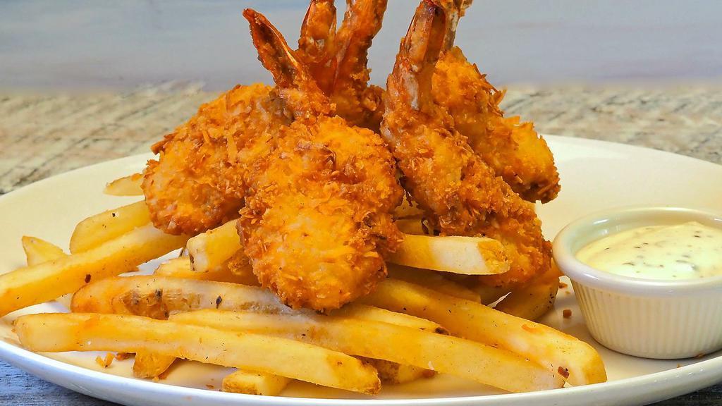 Crispy Coconut Shrimp · Jumbo shrimp crusted with coconut, fried and served with sweet pineapple dipping sauce and French fries.