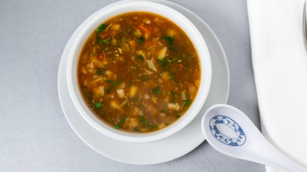 Vegetable Manchow Soup · Spicy. Garlic flavor vegetable soup with tofu and mushroom.
