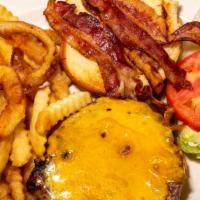 Cheddar-Bacon Burger · Cheddar cheese, bacon, lettuce and tomato on a toasted bun served with french fries.

*These...