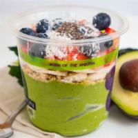 Avocado Bowl · Blended avocado kale spinach banana mango and almond milk topped with granola, fresh banana'...