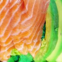 Salmon Avocado Salad · Served with ginger dressing.