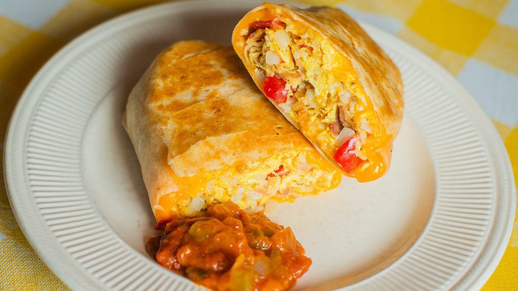 Combo Breakfast Burrito  · Scrambled eggs, bacon, sausage, grilled bell peppers, grilled onions, home fries and cheddar cheese wrapped in a flour tortilla. Served with a side of salsa.