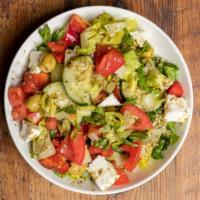 Greek Salad · Vegetarian, gluten-free. Romaine lettuce, tomatoes, cucumbers, bell peppers, olives, feta ch...