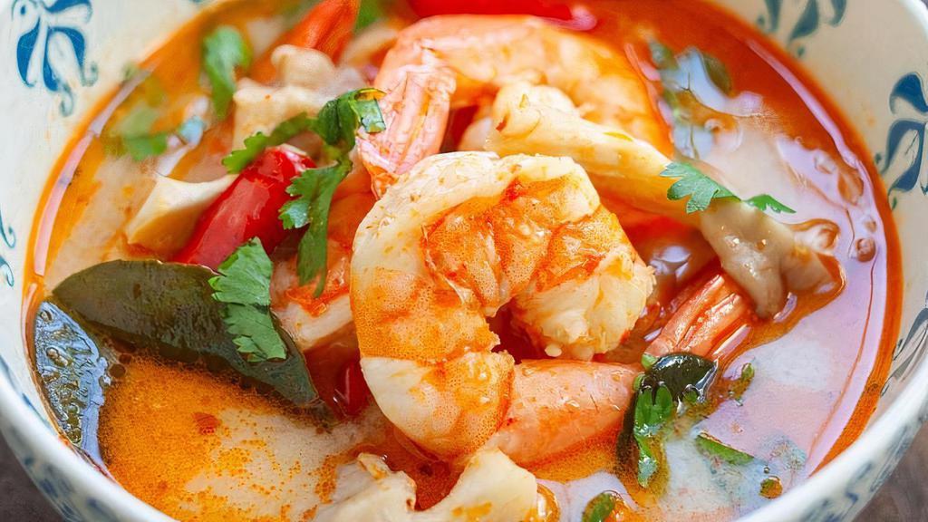Tom Yum · Spicy. Thai classic spicy sour soup with lemongrass base, kaffir lime leaf and mushroom. Add shrimp for an additional charge.
