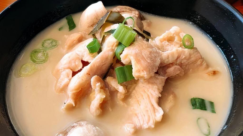 Tom Kha · Creamy coconut milk soup with galangal, mushroom and chili paste. Add shrimp for an additional charge.