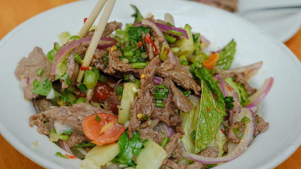 Grilled Beef Salad · Spicy. Lettuce, tomato, scallion, red onion, cucumber, mint tossed with spicy lime dressing.