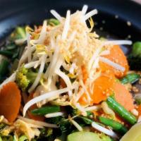 Noodle-Less Pad Thai · No noodle Pad Thai with, napa, carrot, broccoli, Chinese broccoli, onion, bean sprout, peanu...