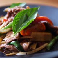 Pad Gra Pow (Basil Sauce) · Bamboo shoot, basil, garlic, red bell pepper, and onion, in spicy chili basil sauce