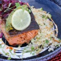 Harissa Spiced Salmon · Labneh, Couscous, Olive Relish