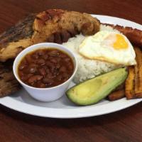 Bandeja Paisa · Typical colombian platter; grilled steak, pork skin, rice, beans, avocado, sausage and fried...