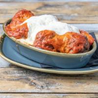Eggplant Meatballs · Baked in vodka sauce, topped with burrata