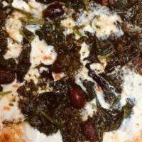 Greca (12 Inch Thin Crust Neapoletan Pie) · Barrel aged feta, spinach, gaeta olives, sicilian pesto, mozzarella. (pesto incl. touch of a...